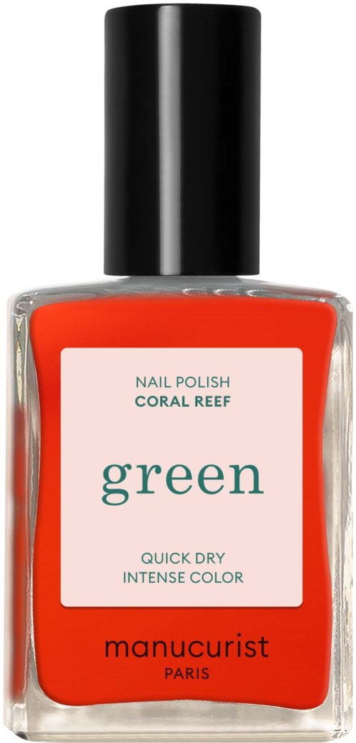 Bright coral red nail polish in a clear bottle with a black cap and a label that says 'green.'