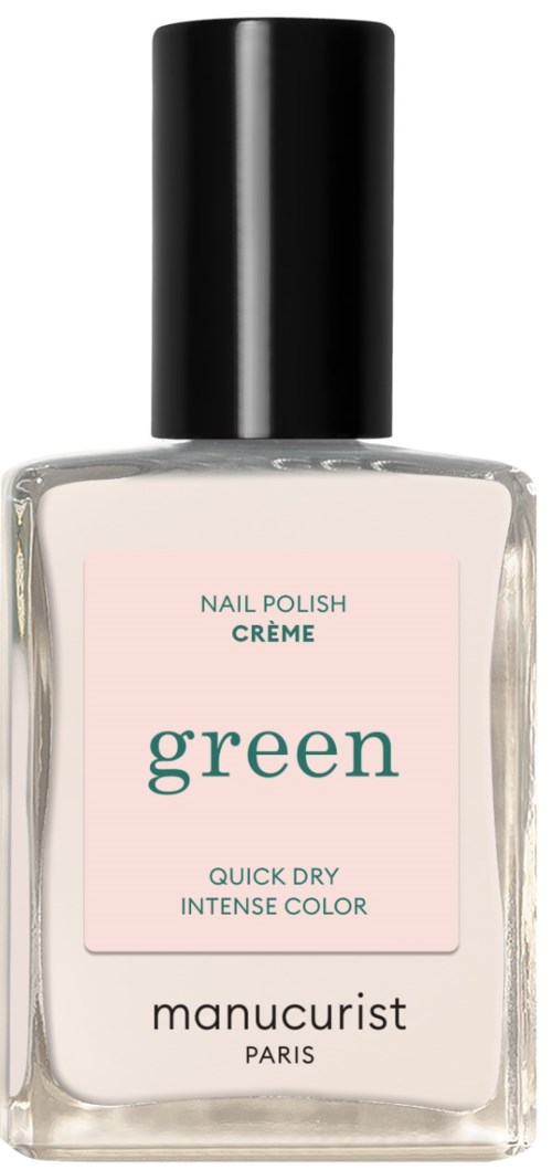 A clear nail polish bottle with a black cap, label says 'green', brand is 'manucurist'.