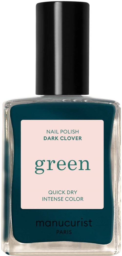 Dark green nail polish bottle with black cap, labeled 'DARK CLOVER' and 'green'.
