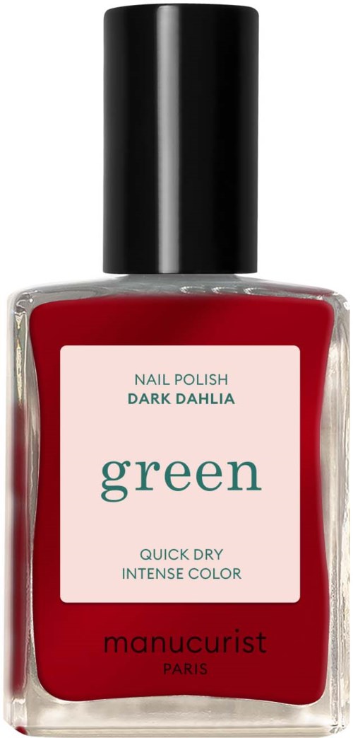 Röd nagellackflaska med svart lock, etiketten säger 'green', från Manucurist Paris.