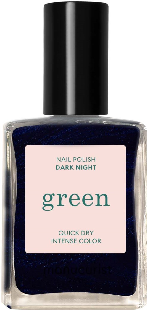 Dark blue nail polish in a clear bottle with a black cap, labeled 'Green' and 'Dark Night'.