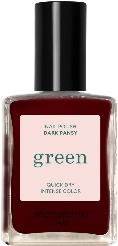 A bottle of dark red nail polish labeled 'green' with a black cap and light pink background.