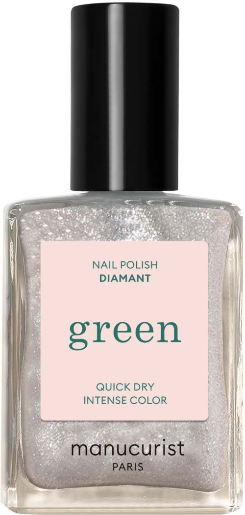 A clear nail polish bottle with a black cap, labeled 'green' and 'manucurist PARIS'.