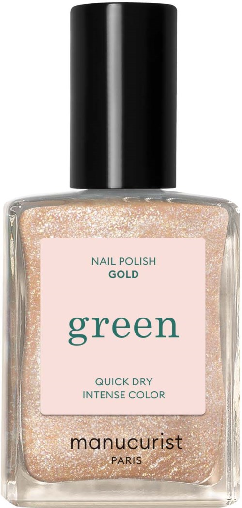 En flaska guldfärgad nagellack med svart lock från Manucurist Paris, märkt 'green' med text om snabb torkning.
