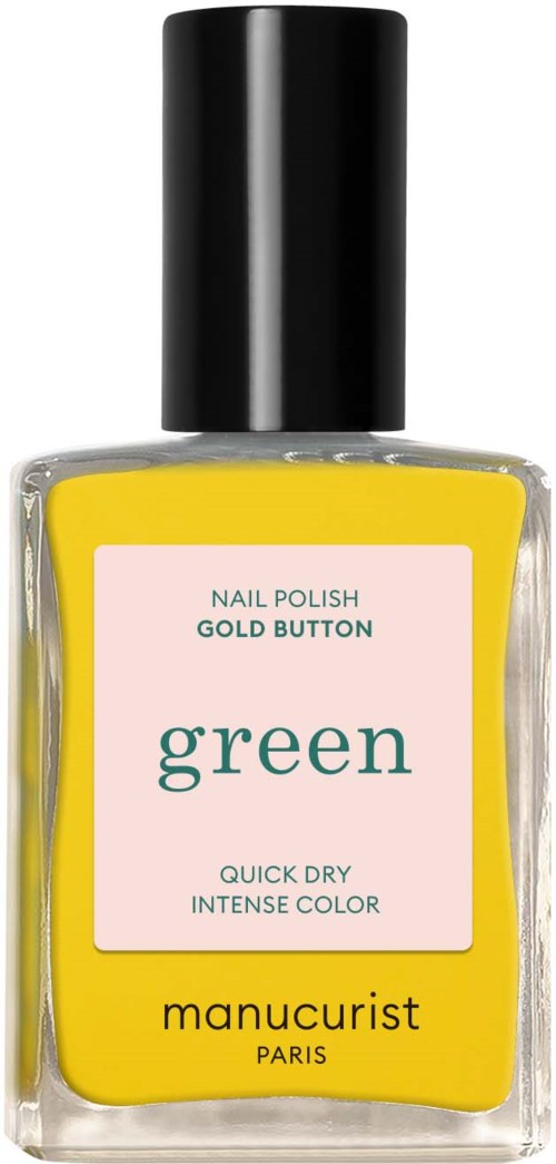 Gul nagellackflaska märkt "green" från Manucurist Paris, med svartlock, visar snabbtorkande och intensiv färg.