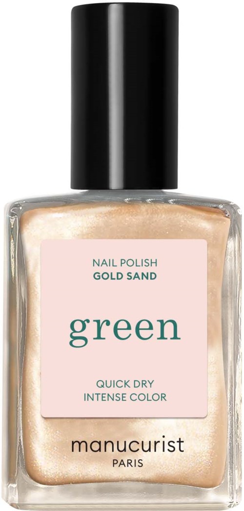 En flaska nagellack i guldsandfärg med svart lock, märkt med märke och produktinformation.