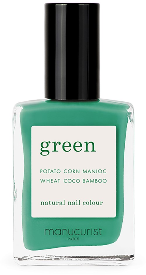 En grön nagellackflaska med etiketten "green" och naturliga ingredienser som potatis, majs, vete, kokos och bambu.