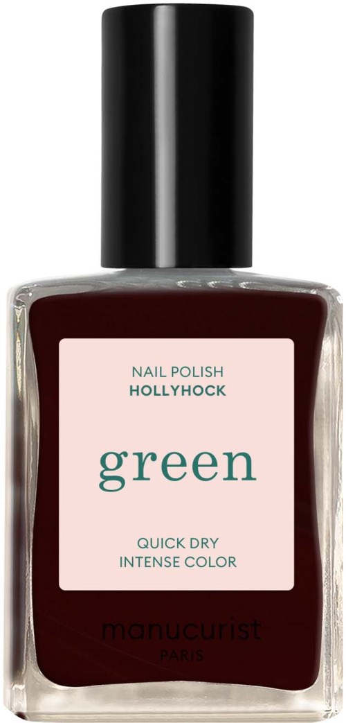 a bottle of dark green nail polish with a black cap and a label reading 'HOLLYHOCK green.'