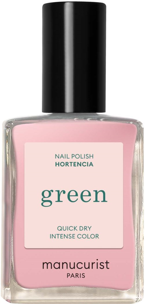 A pink nail polish bottle with a black cap, labeled 'green', by Manucurist.