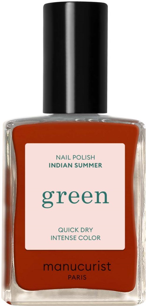 Red nail polish bottle with a black cap and a light pink label that says green. Manucurist Paris is written on it.