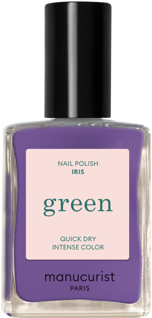 Lila nagellackflaska med svart lock, märkt "green" av Manucurist, Paris.