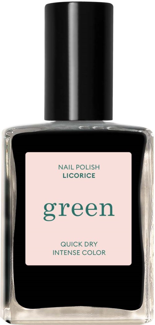 A clear nail polish bottle labeled 'green' with a black cap, against a black background.