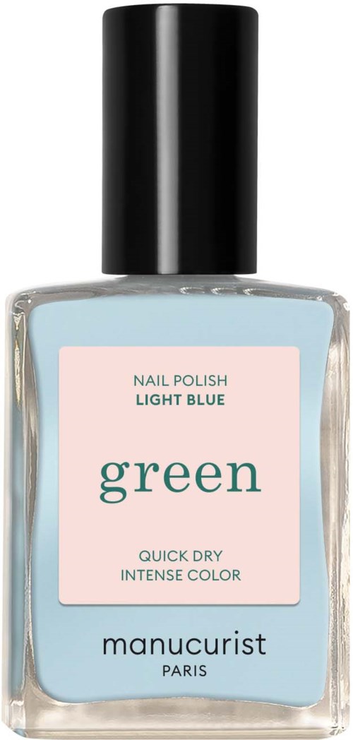 Light blue nail polish bottle from Manucurist, labeled 'green,' with a black cap.