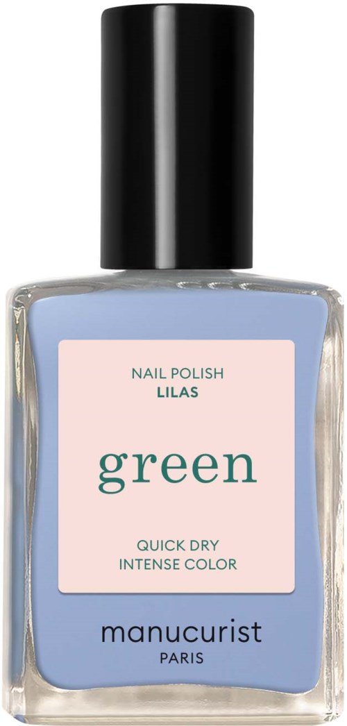 A bottle of light blue nail polish with a black cap, labeled "green" by 'manucurist Paris'.