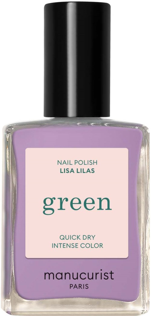 En nagellackflaska med ljuslila färg och svart lock, märkt 'green' och 'Manucurist Paris' för snabb torkning.