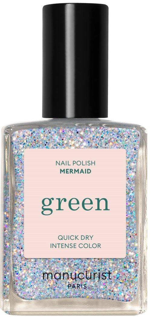 A clear nail polish bottle with glitter inside, labeled 'green', with a black cap.