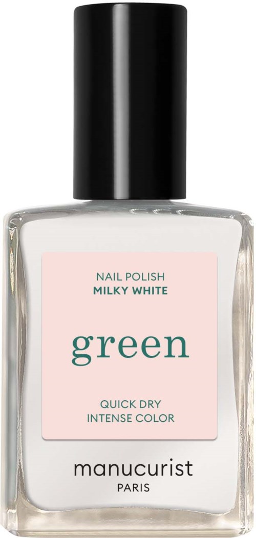 A bottle of Milky White green nail polish by Manucurist Paris, labeled as quick dry and intense color.