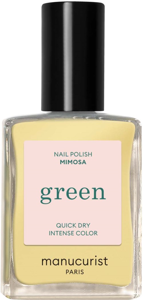 En gul nagellackflaska märkt "green" från Manucurist Paris, med svart lock.