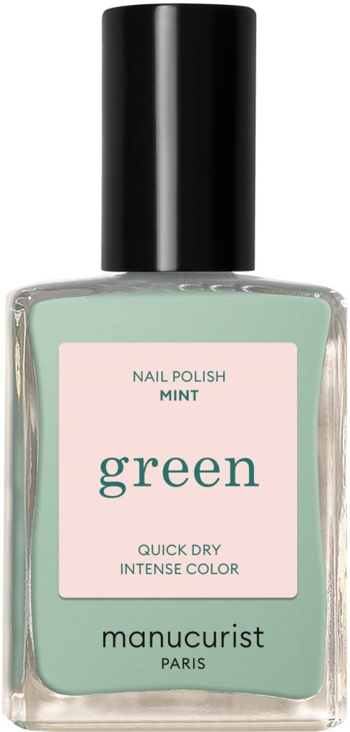 A bottle of mint green nail polish labeled "green" from Manucurist Paris. Black cap on top.