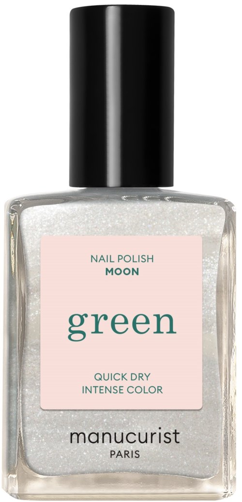 A bottle of green nail polish with a black lid, labeled "Moon" and "Manucurist Paris," features a sparkly finish.