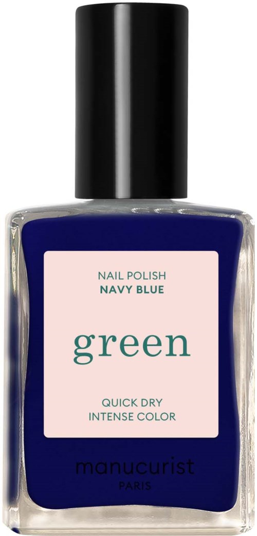 Blå nagellack i en tydlig flaska med svart lock, märkt 'navy blue' och 'green'.