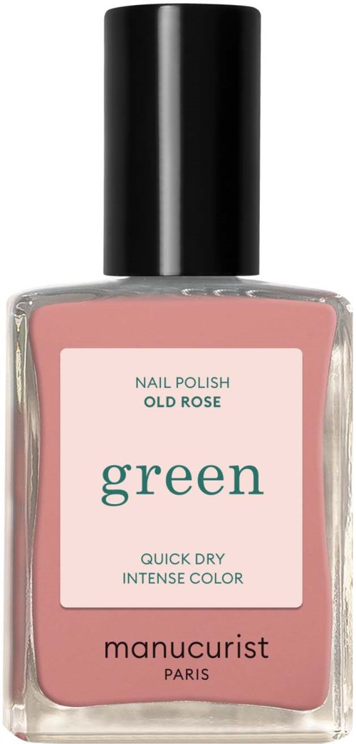 Pink nail polish bottle with black cap, label says old rose color, brand Manucurist Paris, quick dry.