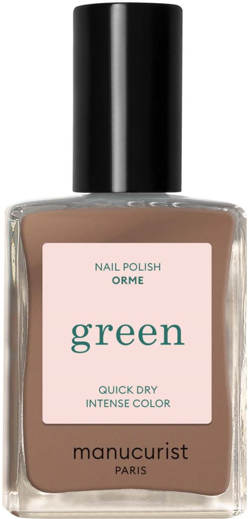 A nail polish bottle labeled 'green' with a black cap, contains brownish polish, from Manucurist Paris.