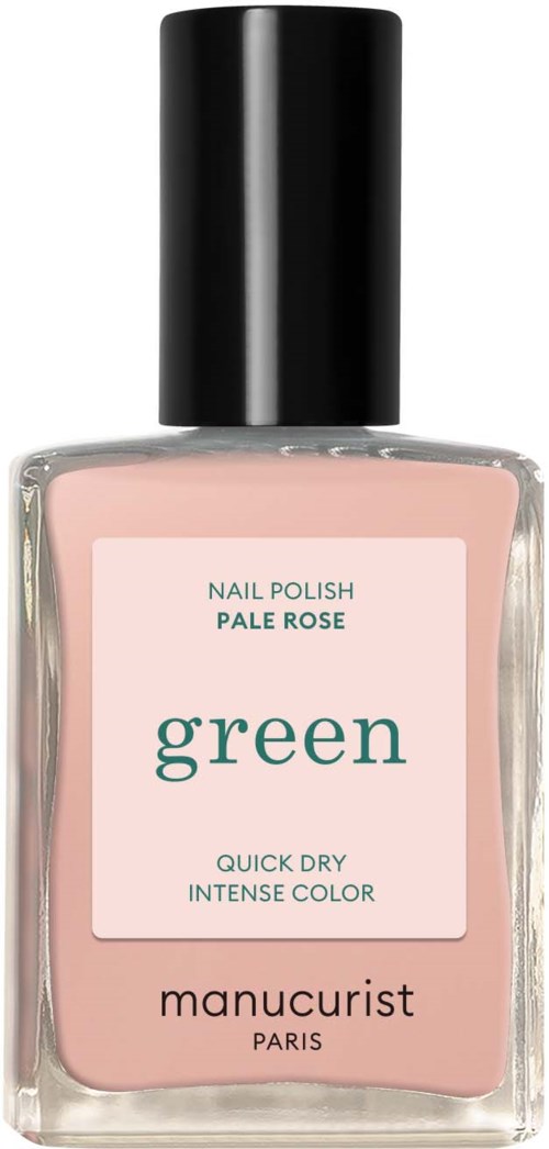 A nail polish bottle labeled 'green' with a pale pink color inside and a black cap.