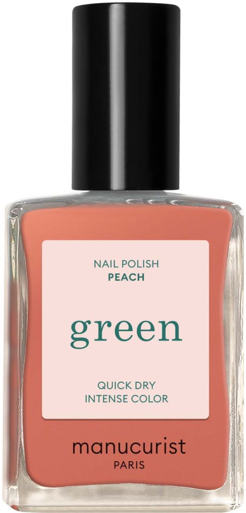 A nail polish bottle labeled 'Peach' and 'Green' with black cap, made by Manucurist from Paris, for quick, intense color.