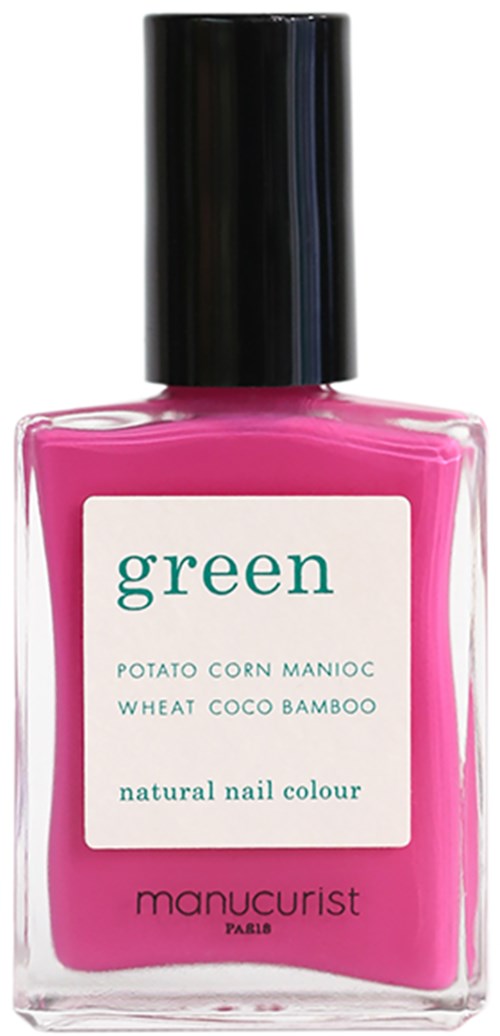 Pink nail polish bottle with a black cap and a label that says 'green' and mentions natural nail color.