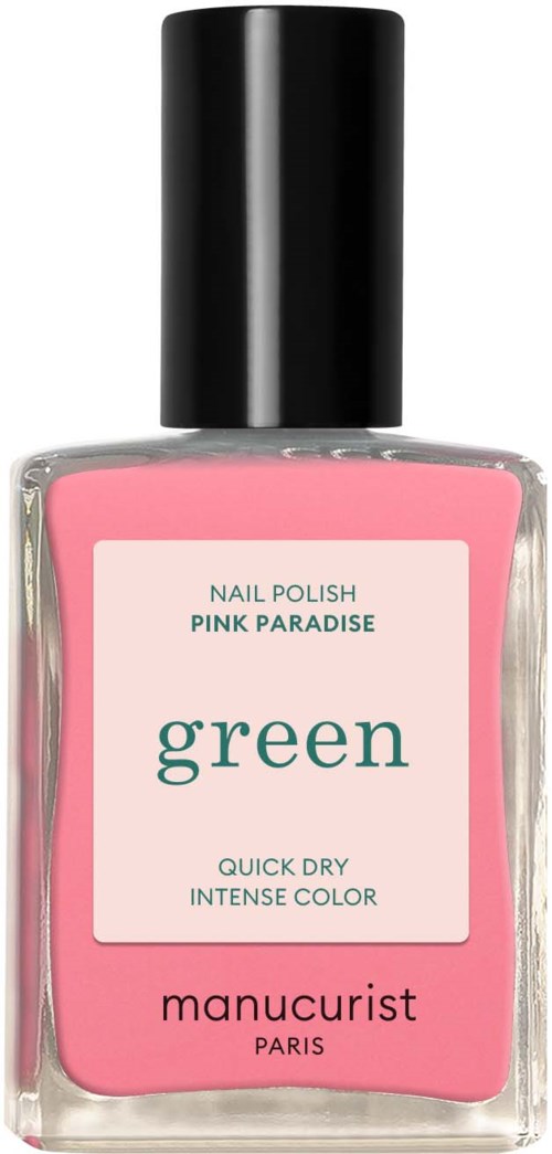 Pink nail polish in a clear bottle with a black cap, labeled "Green" by Manucurist, Paris.