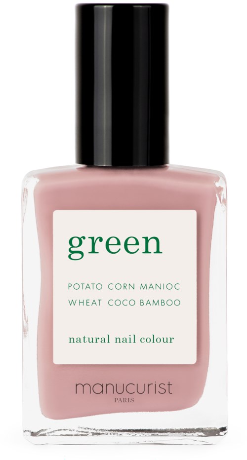 En nagellackflaska med etiketten 'green' i ljusrosa färg med svart lock.