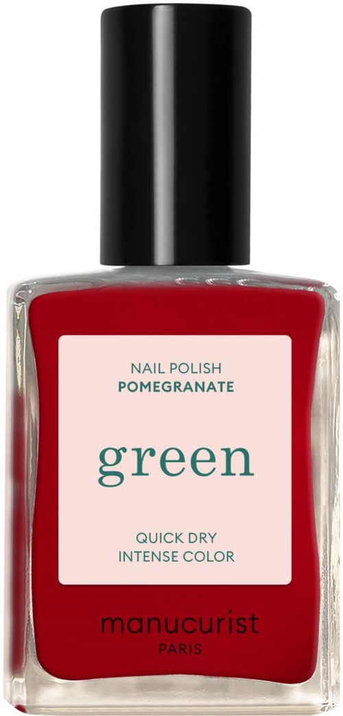Red nail polish bottle with a black cap, label says "green" and "pomegranate" for quick, intense color.