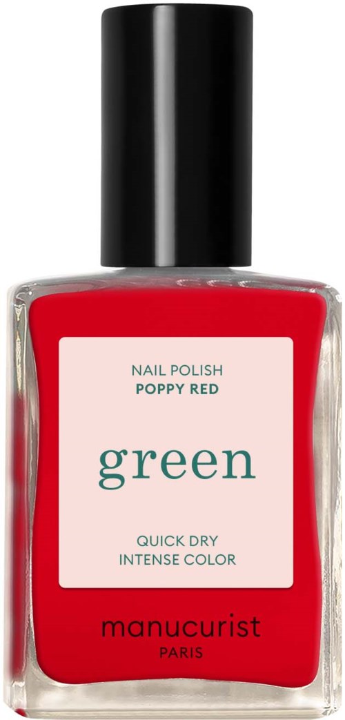 A bottle of red nail polish labeled 'green', with a black cap, from Manucurist Paris.