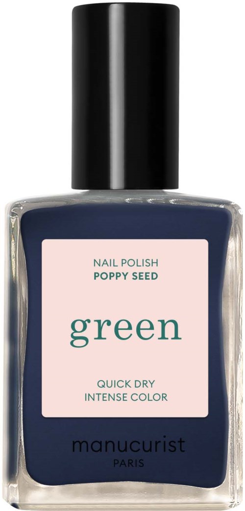 A nail polish bottle labeled 'green' with dark blue color, brand 'manucurist,' and a black cap.