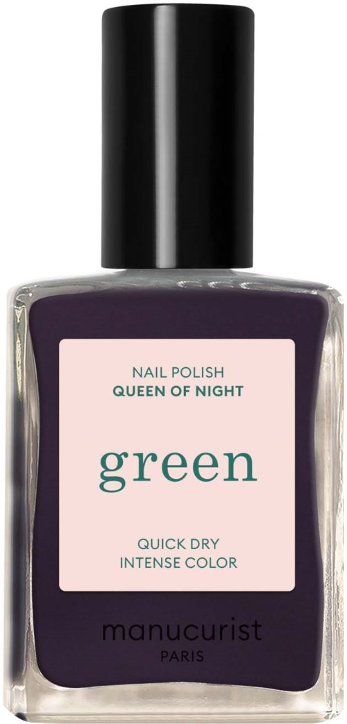 A nail polish bottle labeled 'Queen of Night' with dark purple color and a black cap.
