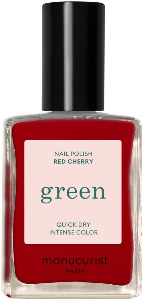 A bright red nail polish bottle with a black cap and a label that says "green" and "Red Cherry."