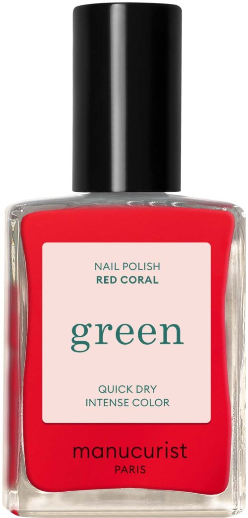 The image shows a bright red nail polish bottle labeled 'Green' with a black cap.