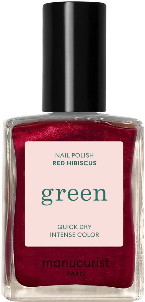 Röd nagellack i en genomskinlig flaska med svart lock, märkt 'green' och 'red hibiscus', varumärke 'manucurist Paris'.