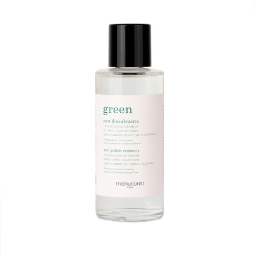 A clear bottle with black cap labeled 'Green' and mentions 'sail polish remover' and 'manucurist'.
