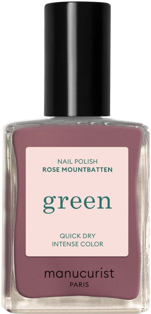 A nail polish bottle labeled 'green', with a mauve color, black cap, and brand name 'manucurist Paris'.