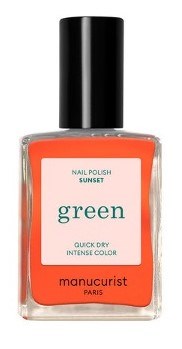 En liten glasflaska med grön nagellack och svart lock, märkt 'Sunset Green' och 'Manucurist Paris.'