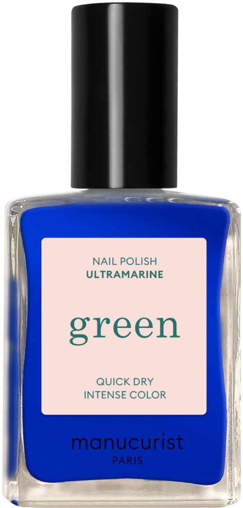 En nagellackflaska märkt 'Ultramarine Green', i en blå färg med svart kork.