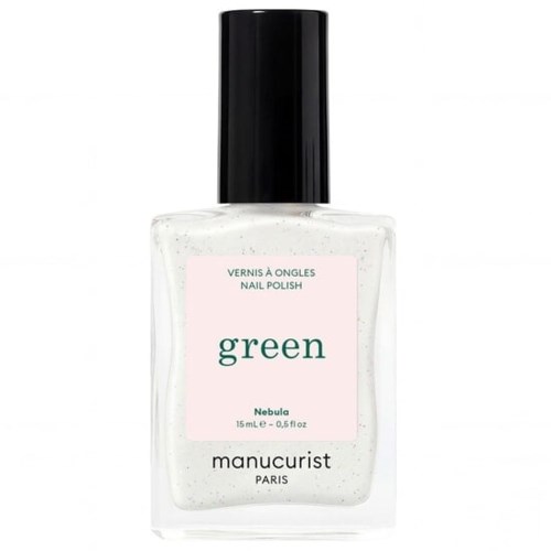 Clear nail polish with a black cap and a pink label saying green nail polish.