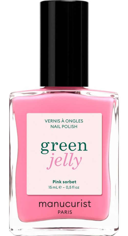 Pink nail polish bottle with a black cap, label says green jelly and pink sorbet flavor, from Manucurist.