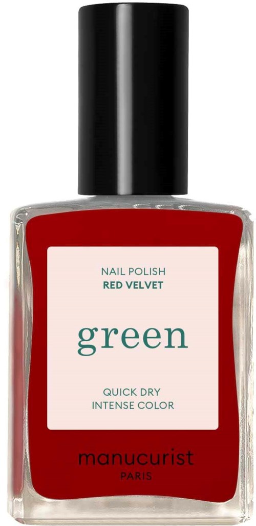 Punainen kynsilakkapullo mustalla korkilla, etiketti sisältää Green Red Velvet, nopea kuivuminen, intensiivinen väri, valmistaja manucurist.