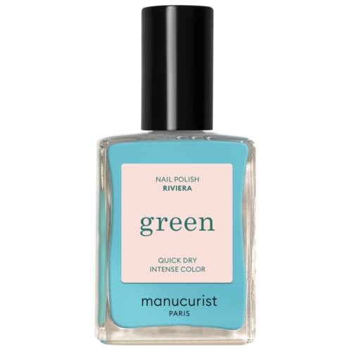 A bottle of blue-green nail polish labeled green by Manucurist from Paris.