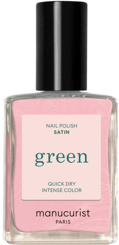 Vaaleanpunainen kynsilakka läpinäkyvässä pullossa, jossa musta korkki ja nimilappu green satin, Manucurist Paris.