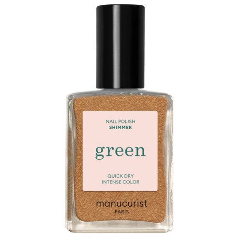 A nail polish bottle labeled green shimmer from Manucurist with brown and pink colors.