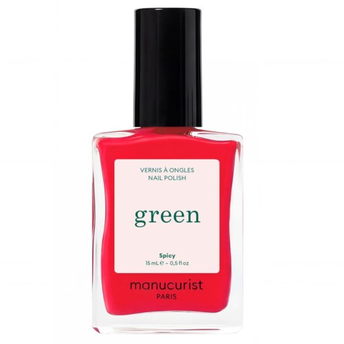 A red nail polish bottle with a black cap, labeled green spicy nail polish by Manucurist Paris.